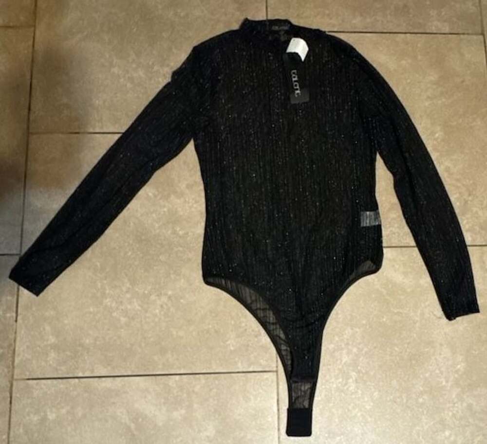 Talent Black Long Sleeve Mock Neck Shimmer Mesh Bodysuit